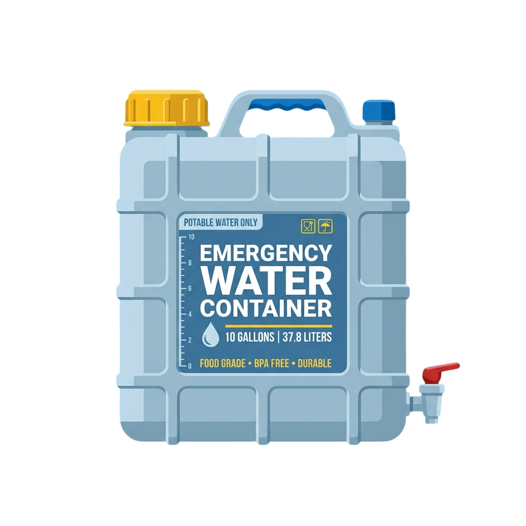 A blue emergency water container holding 10 gallons or 37.8 liters, labeled potable water only, with a spigot and measurement markings
