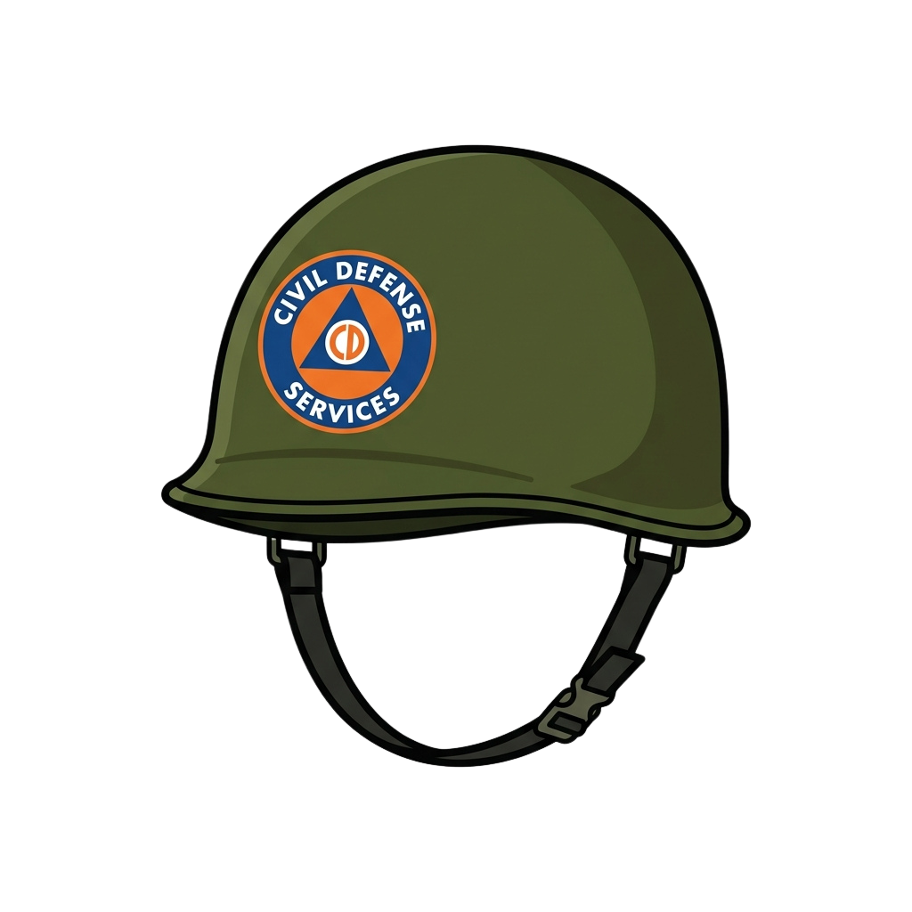 Green Civil Defense Services helmet featuring an orange and blue triangular emblem