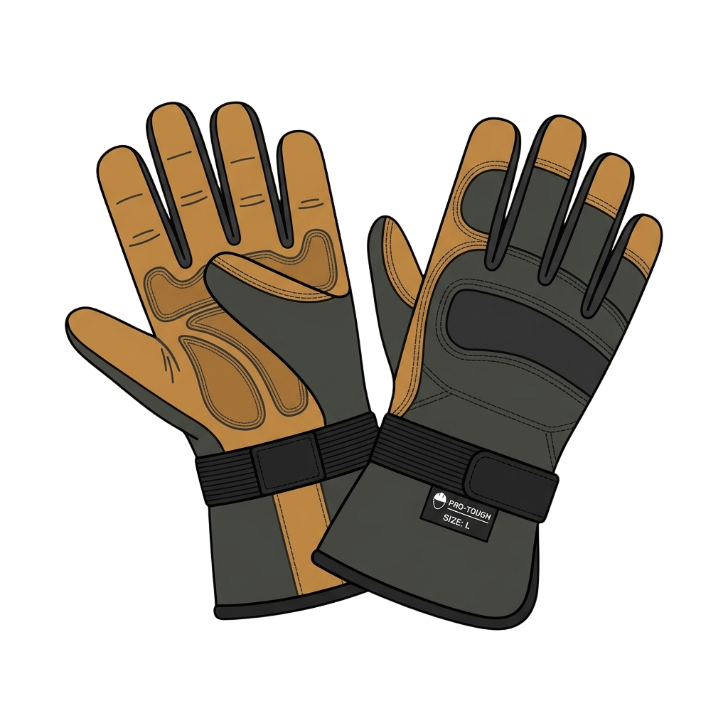 Pair of tan and gray work gloves with reinforced palms and black wrist straps labeled size L