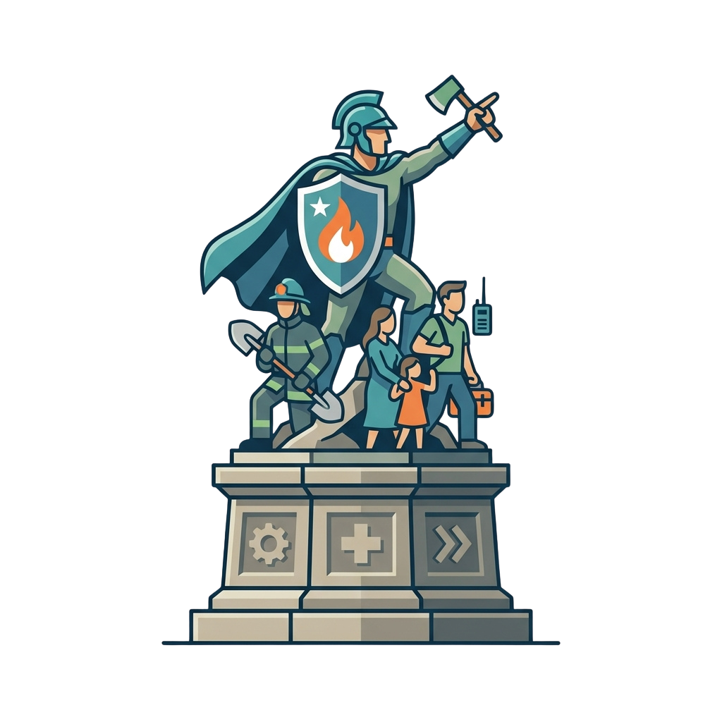 Illustration of emergency personnel including a fire fighter, police officer, and medical aid workers standing together with a superhero figure.