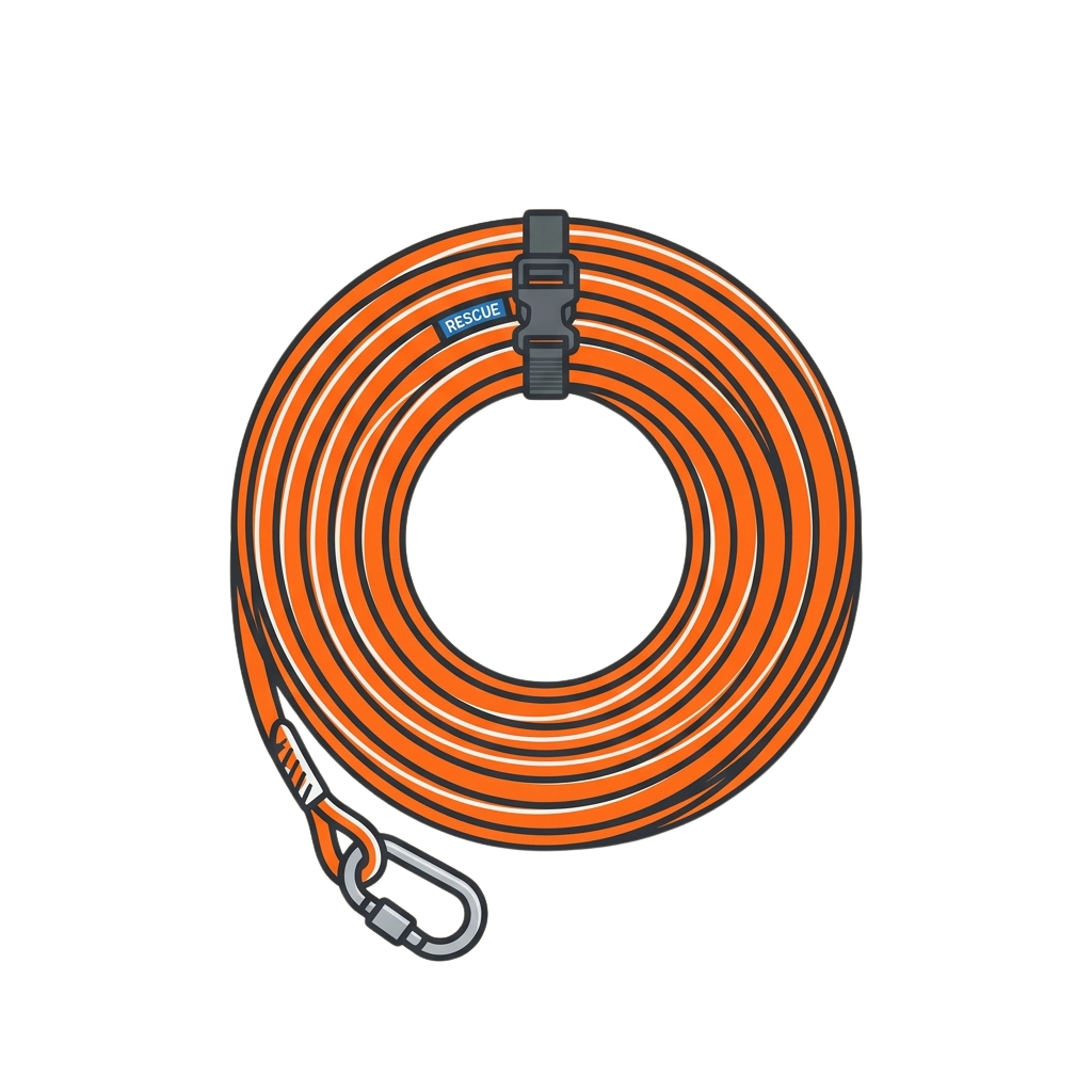 Coiled orange rescue extension cord with black handle and metal carabiner hook
