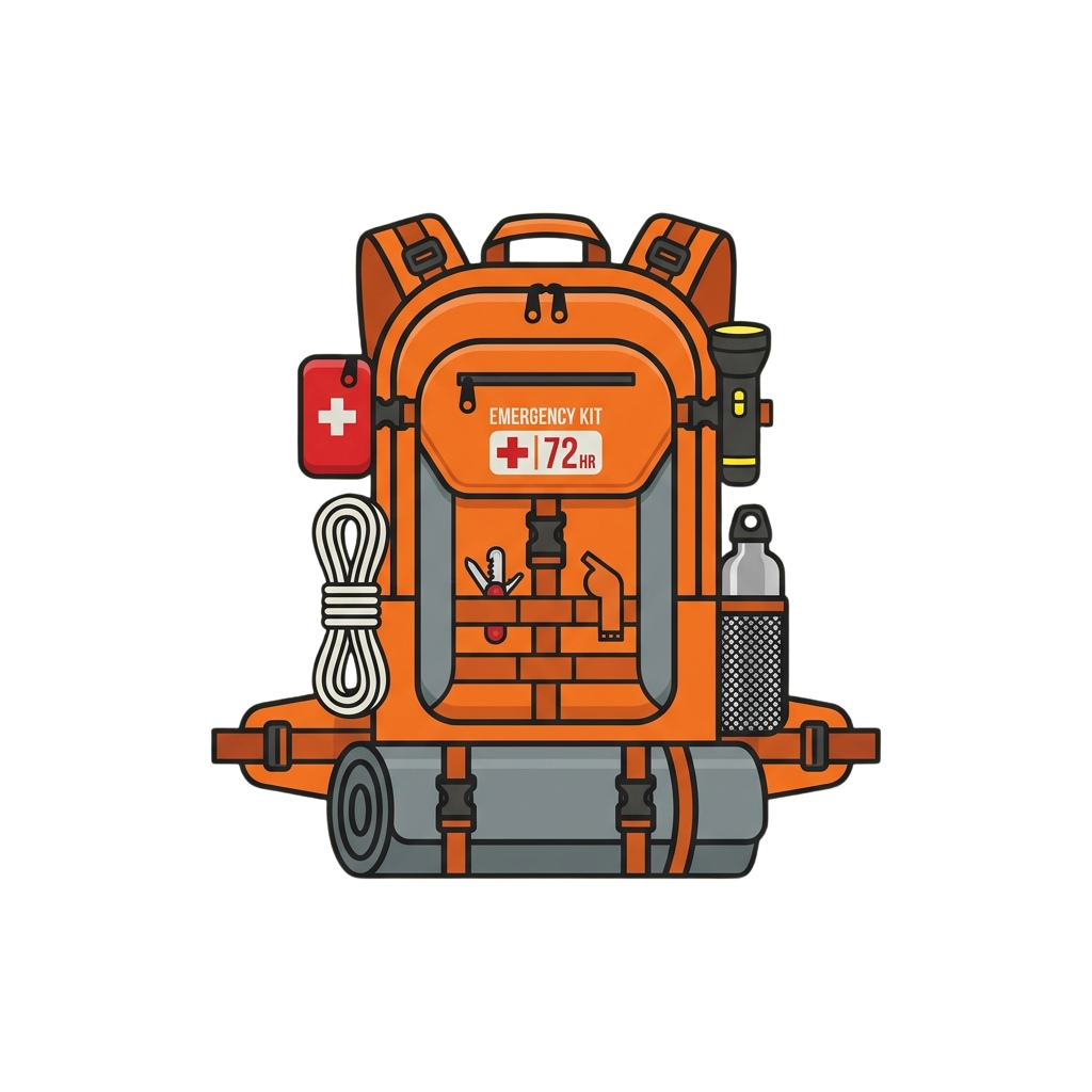 Illustration of an orange emergency backpack containing first aid kit, tools, water bottle, flashlight, and rope