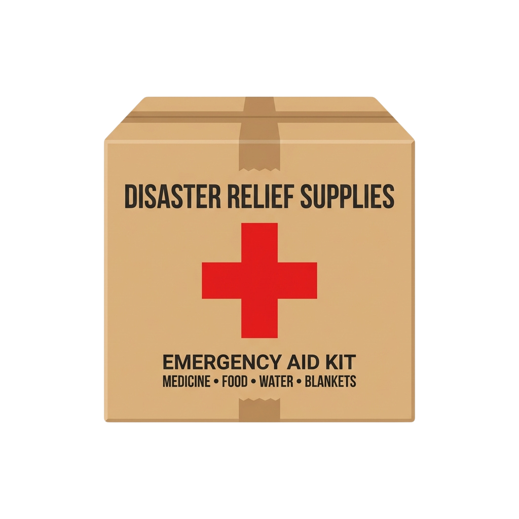Brown cardboard box labeled Disaster Relief Supplies with a red cross and text listing emergency aid kit contents