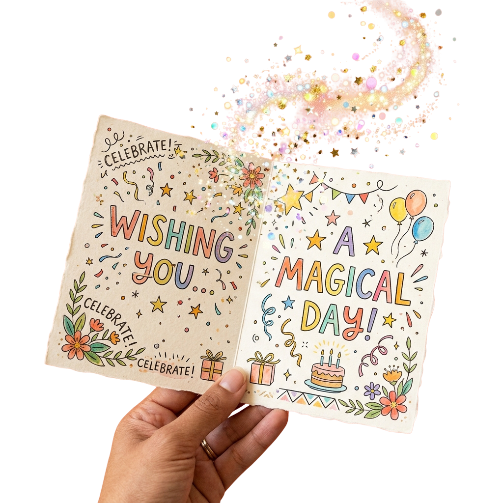 Hand holding an open birthday card with cheerful illustrations and text wishing a magical day