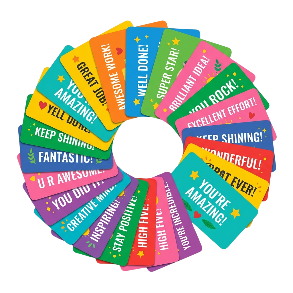 Wheel of colorful cards displaying positive affirmations and motivational messages