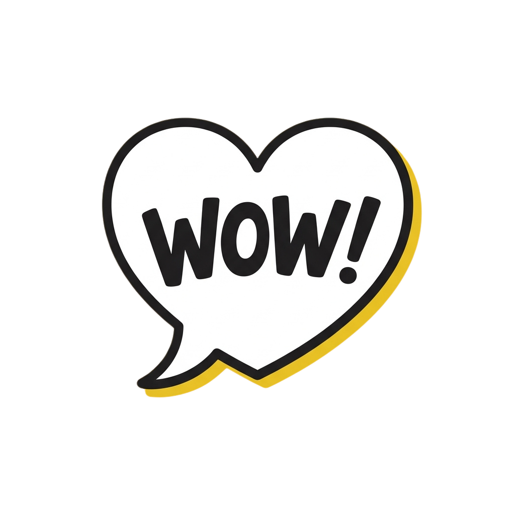 A heart-shaped speech bubble with the word wow in bold letters