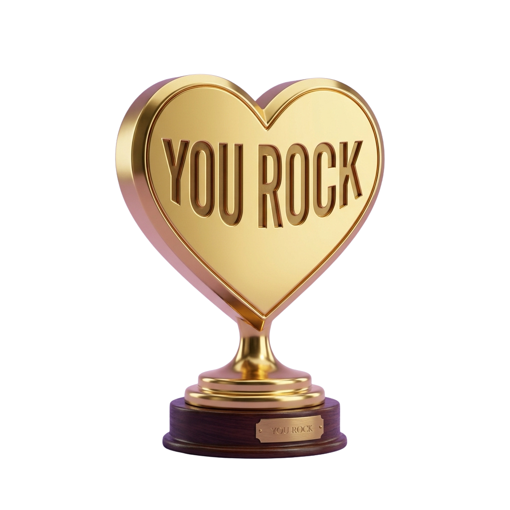A shiny gold heart-shaped trophy with YOU ROCK engraved on it, mounted on a base.