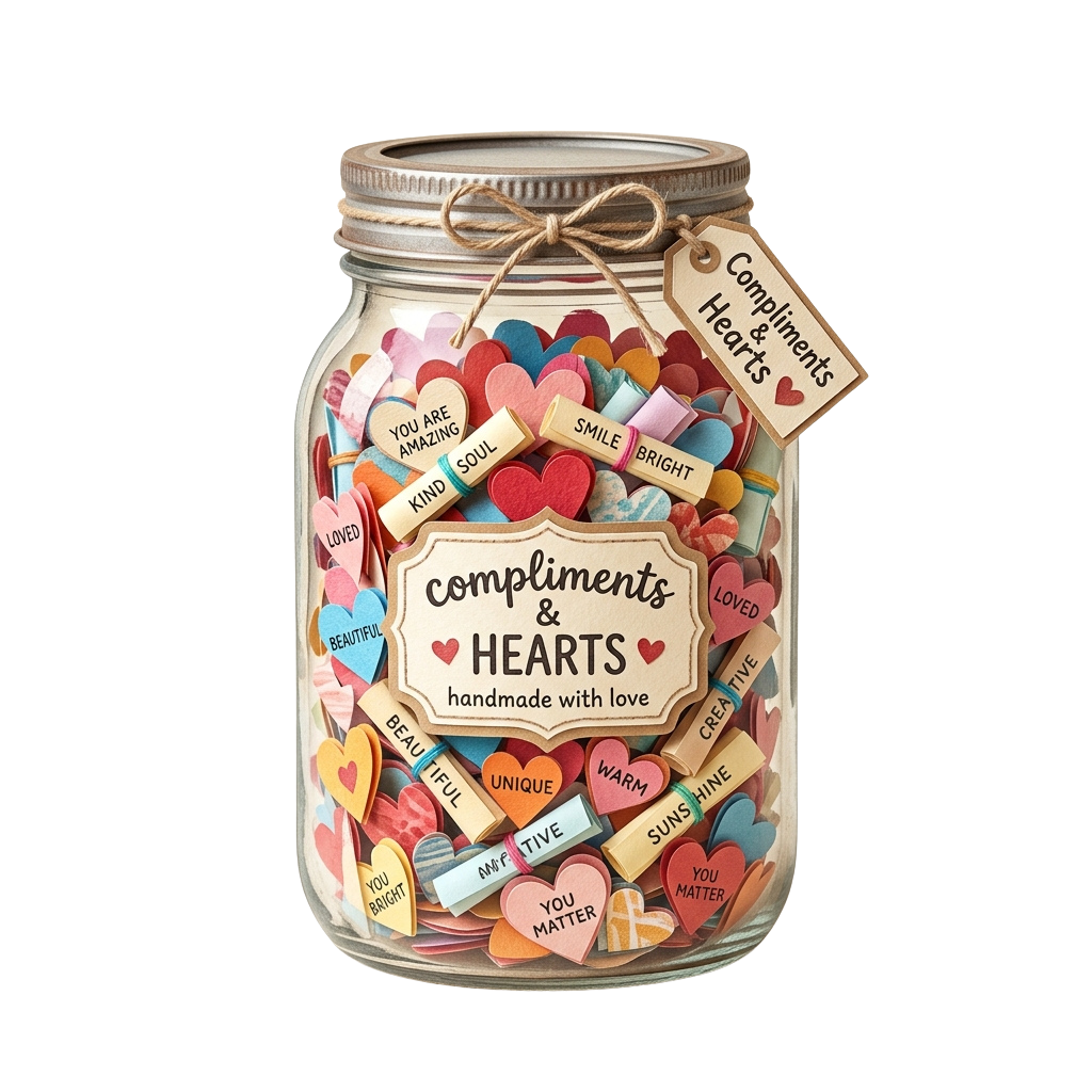 Glass jar filled with colorful heart-shaped notes containing positive compliments, tied with twine and a label reading Compliments and Hearts