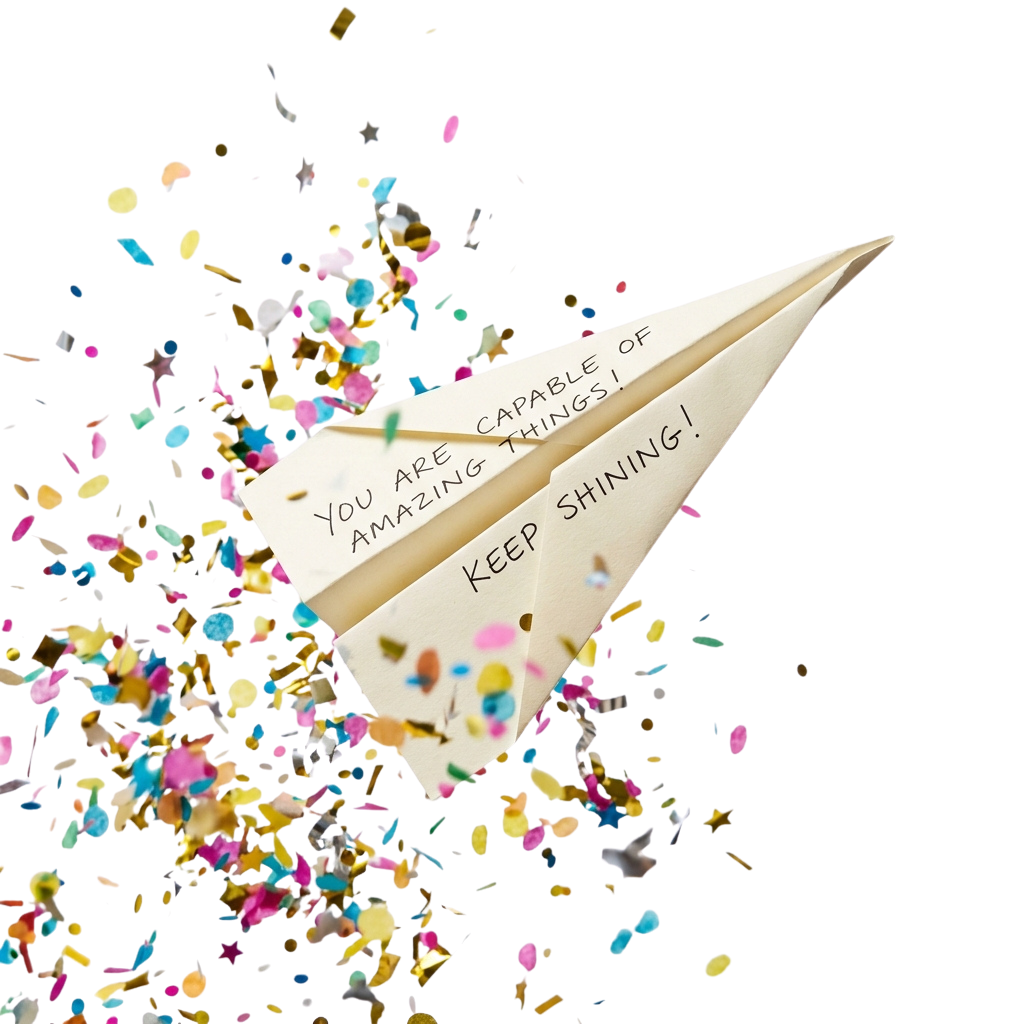 Paper airplane with motivational message flying through colorful confetti against a black background