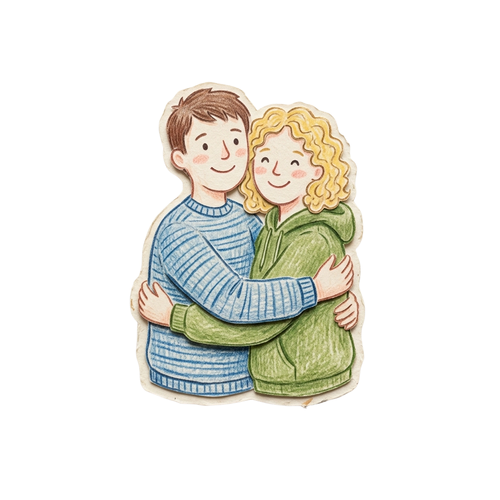 Two people smiling and hugging closely, one wearing a blue striped sweater and the other in green and blue stripes