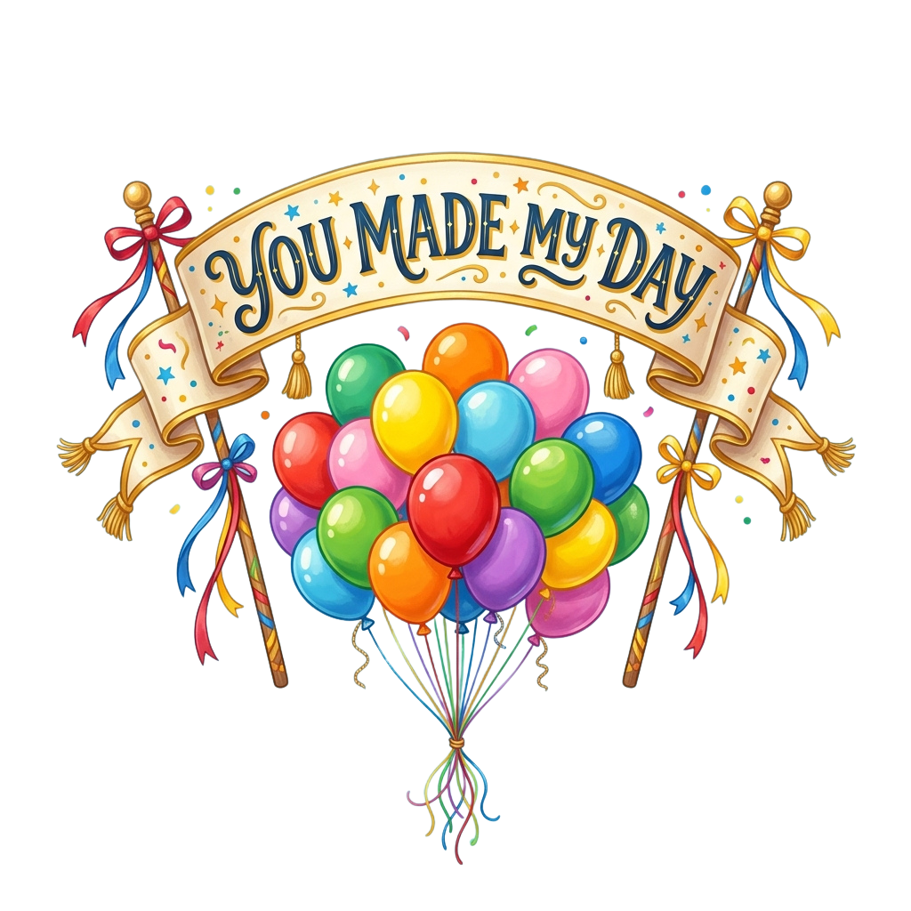 Illustration of a colorful bouquet of balloons with a banner saying You Made My Day and decorative ribbons