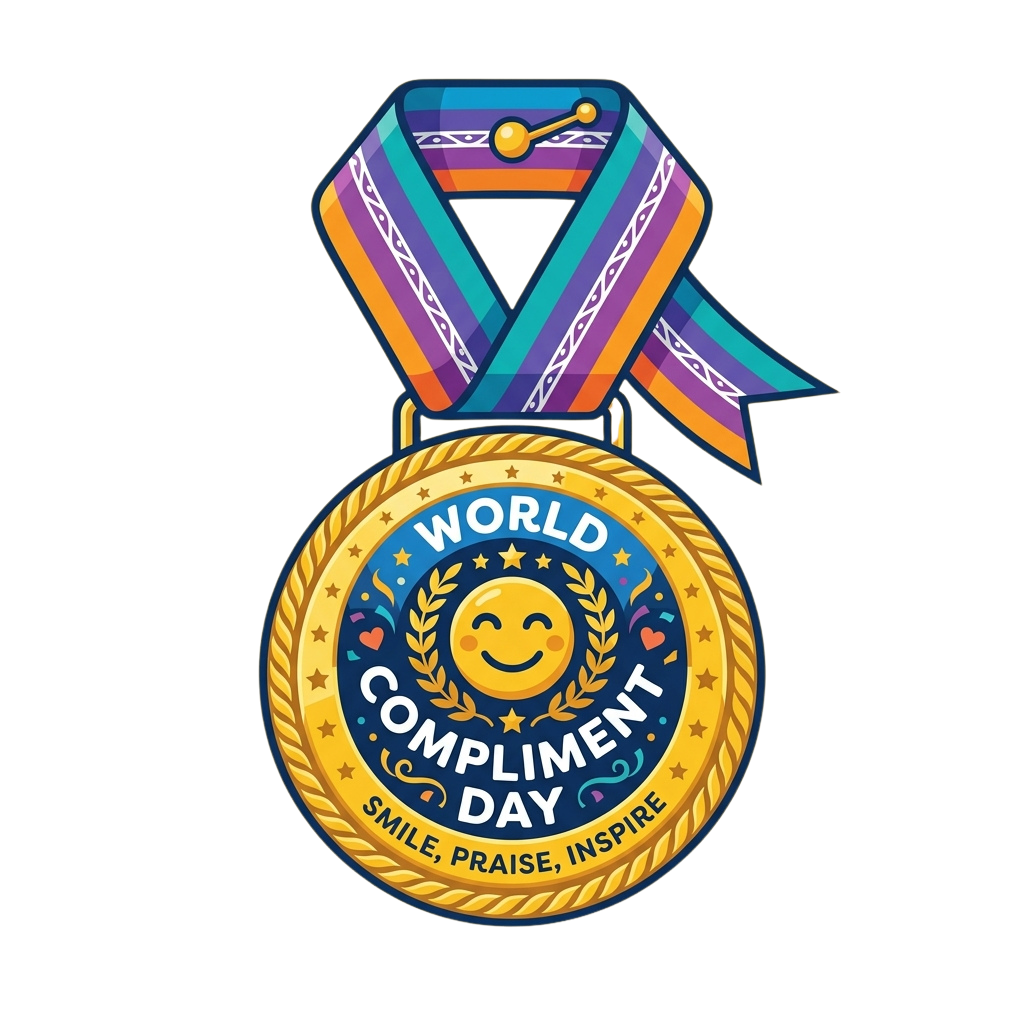 Colorful medal with ribbon celebrating World Compliment Day featuring a smiling sun face and text encouraging smiles, praise, and inspiration