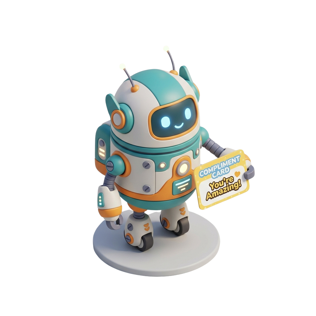 A cheerful robot figure holding a card that says You're Amazing