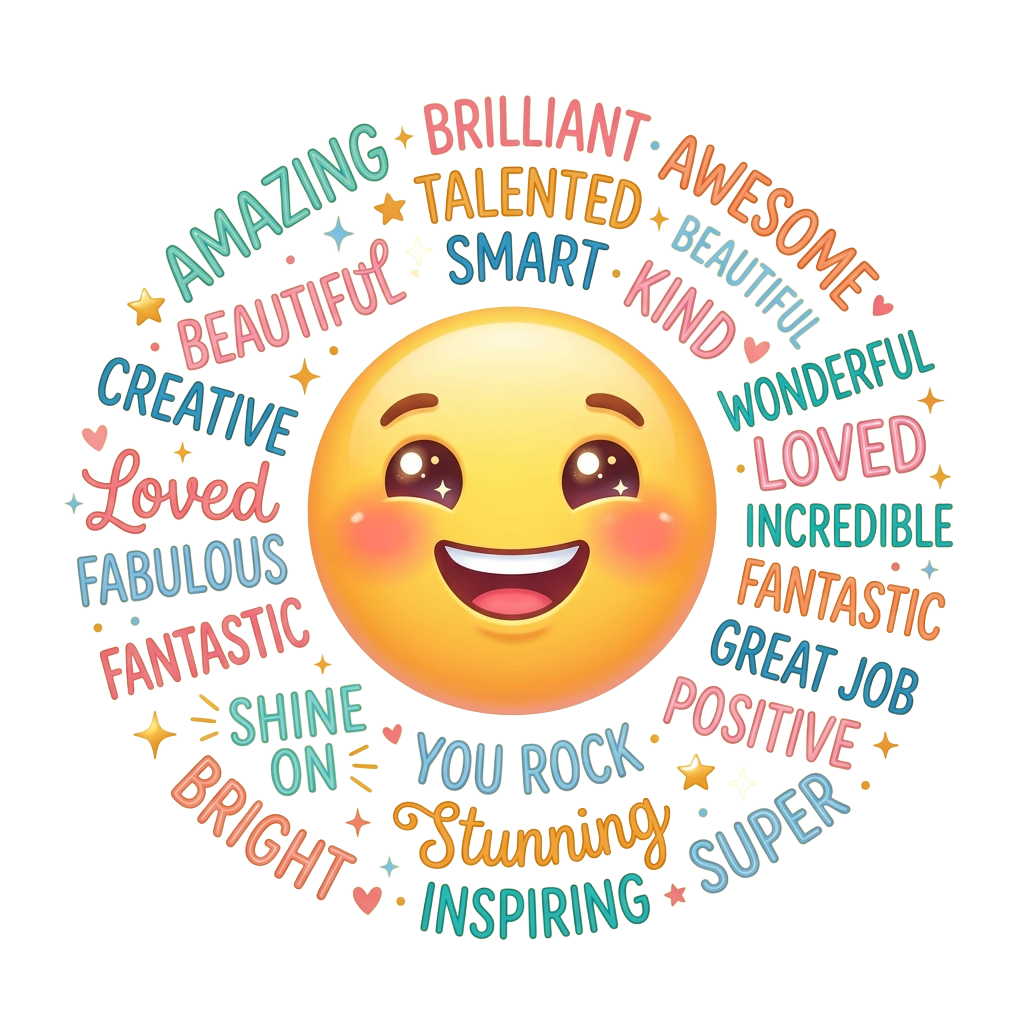 Smiling emoji face surrounded by positive words like amazing, brilliant, and loved