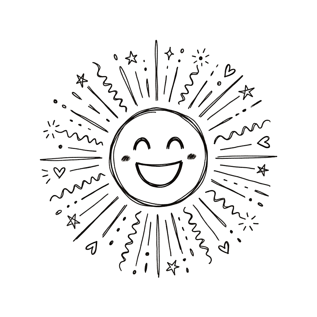 A smiling sun face with rays and various emoticons like stars, hearts, and question marks around it