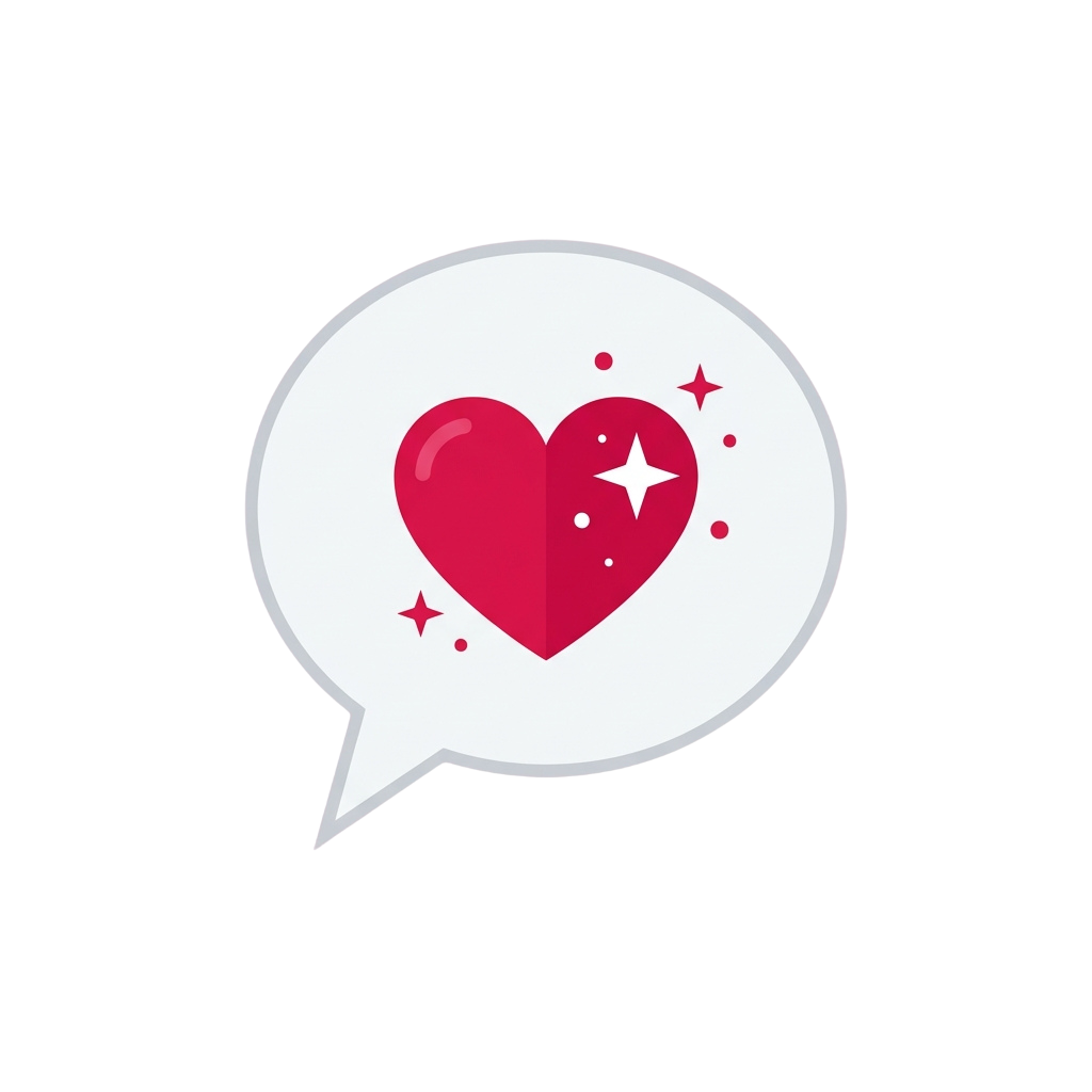 Speech bubble containing a red heart with sparkles inside