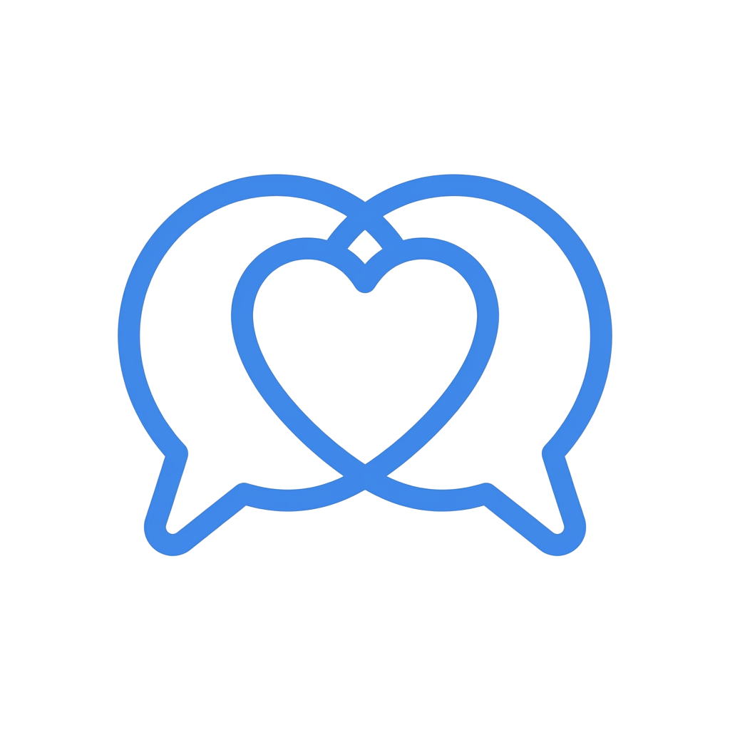Two blue speech bubbles with interlocking heart shapes inside them on a black background