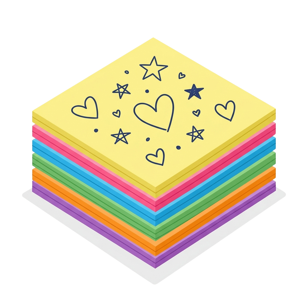 A stack of colorful sticky notes featuring hearts and stars in various colors including yellow, pink, green, and blue
