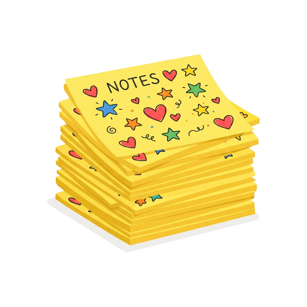 A stack of bright yellow sticky notes with colorful hearts and stars design