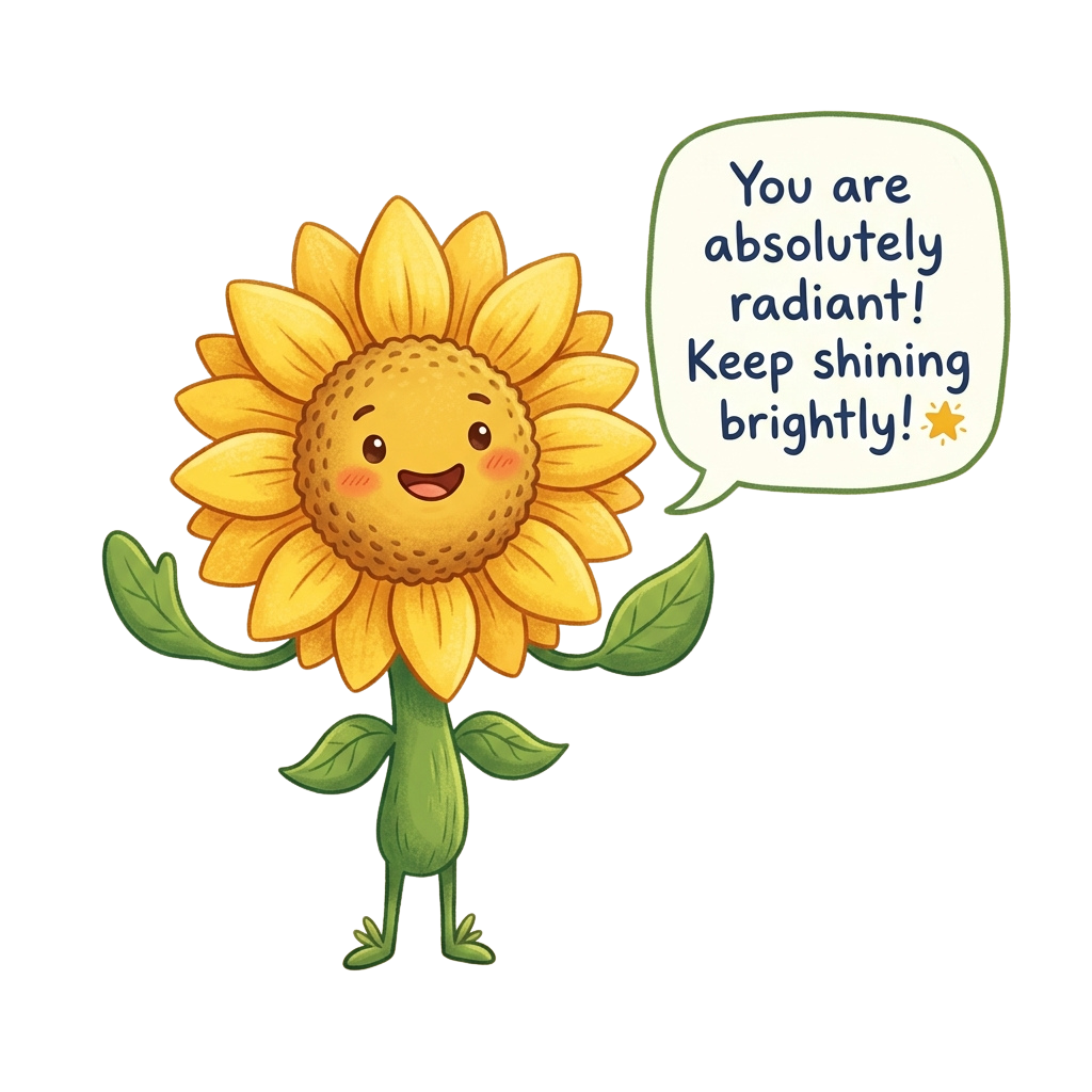 Animated smiling sunflower character standing with a speech bubble saying You are absolutely radiant Keep shining brightly