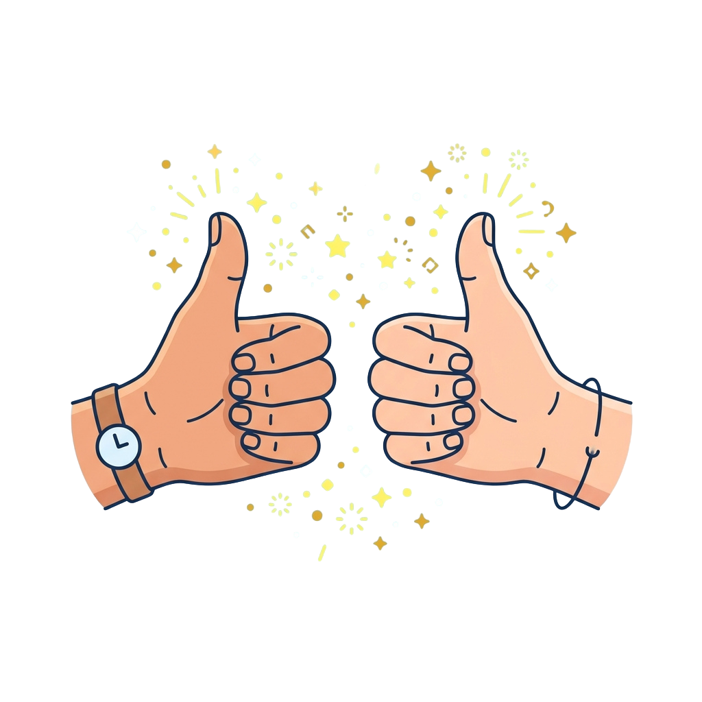 Two thumbs up hands with sparkles and confetti between them on a black background
