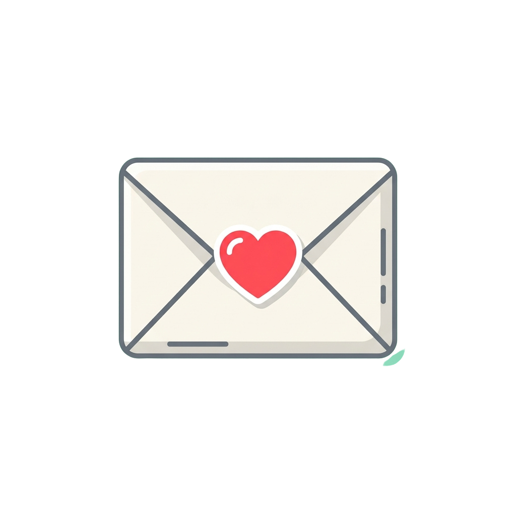 White envelope icon featuring a red heart shape in the center