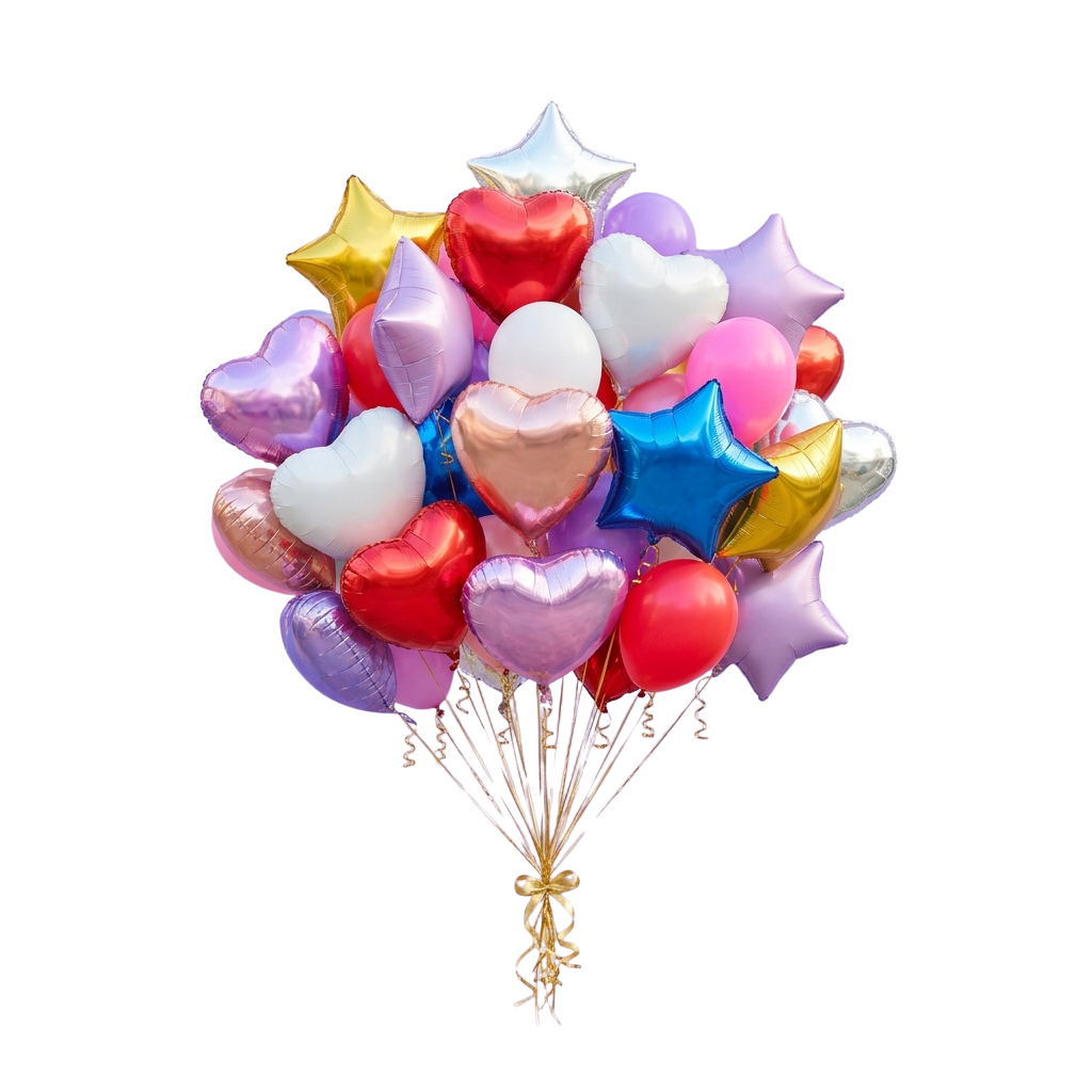 A bouquet of heart and star-shaped foil balloons in various colors tied together with ribbon