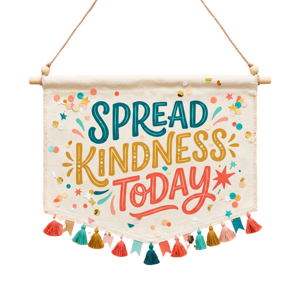 Decorative banner with colorful text reading Spread Kindness Today and festive tassels hanging on a dark background