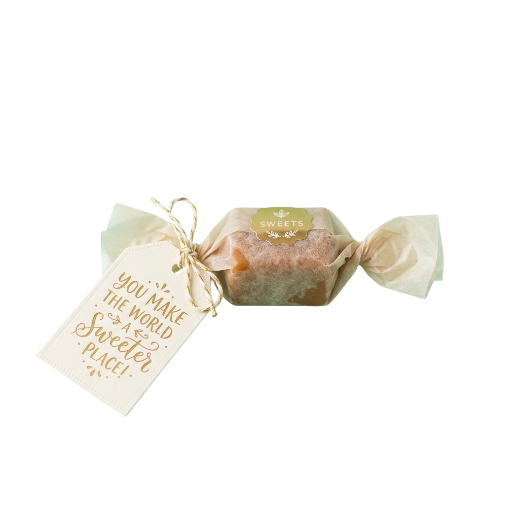 Tea bag gift wrapped in tissue with a tag reading You make the world a sweeter place