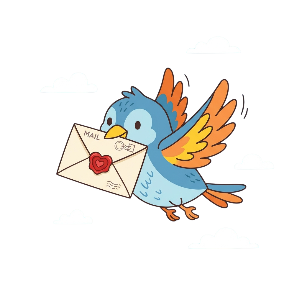 A cheerful cartoon bird with colorful wings carrying a sealed letter labeled mail