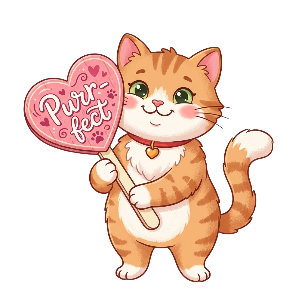 A cheerful cartoon cat holding a pink heart sign that says Purr-fect