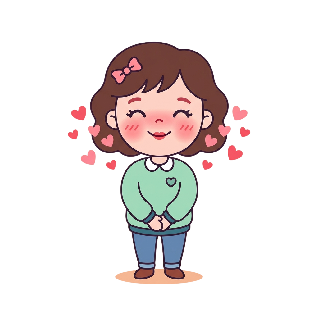 A cheerful cartoon girl with brown hair, a bow, and a light green sweater clapping her hands while small pink hearts float around her head