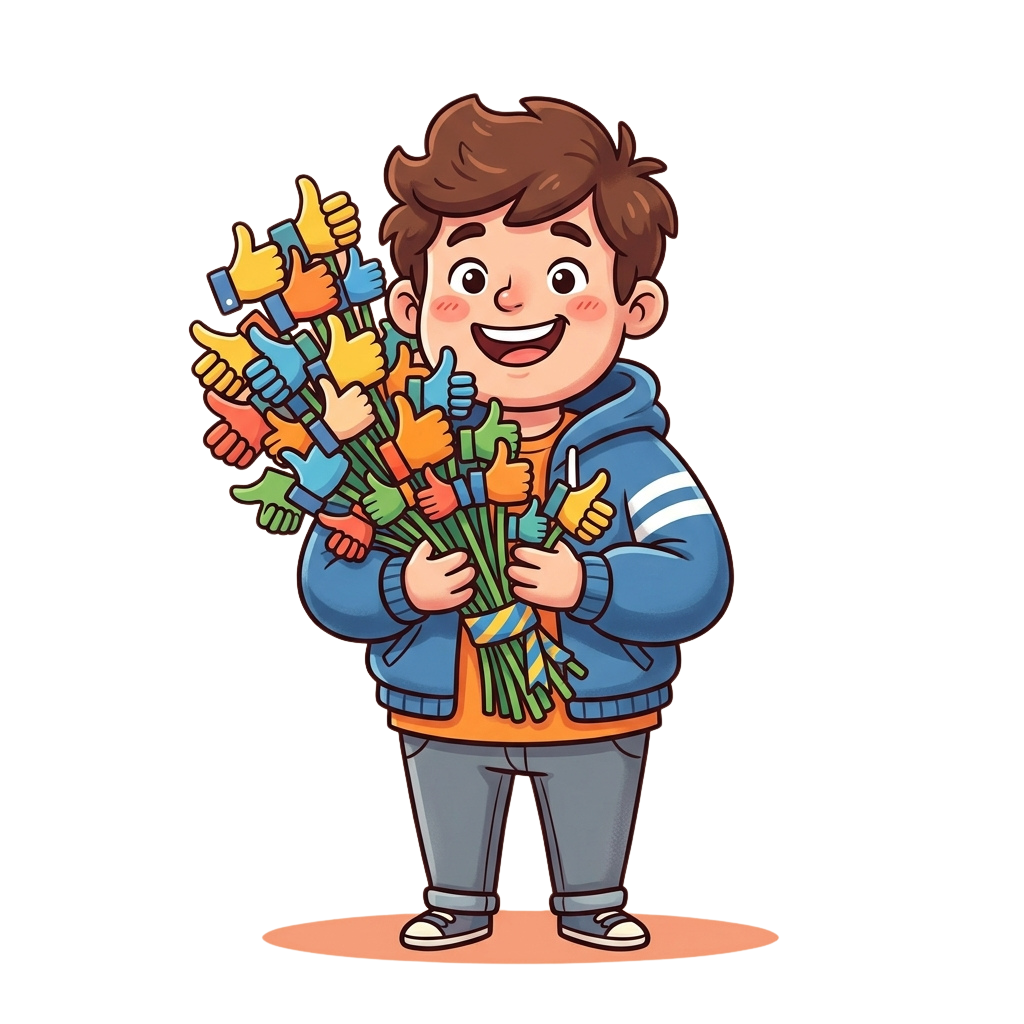 Smiling child holding a bundle of colorful thumbs-up icons.