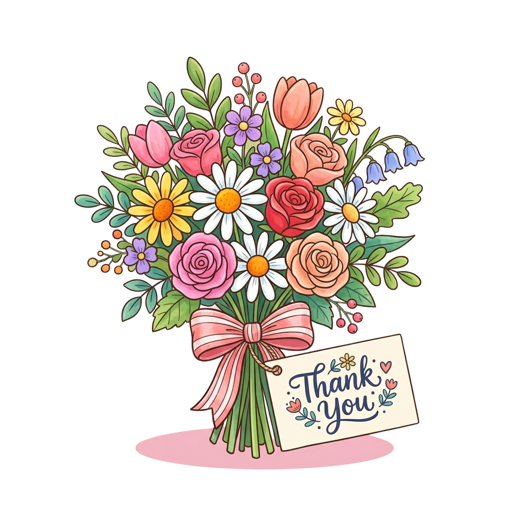 A vibrant bouquet of flowers tied with a pink ribbon and a thank you card attached