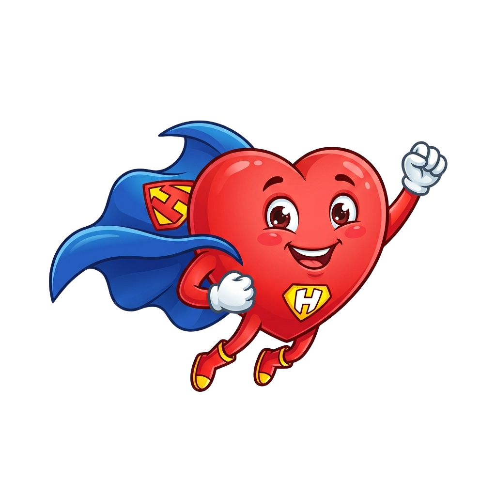 Animated heart with superhero cape and gloves, smiling and flexing a fist, wearing a yellow H emblem on chest
