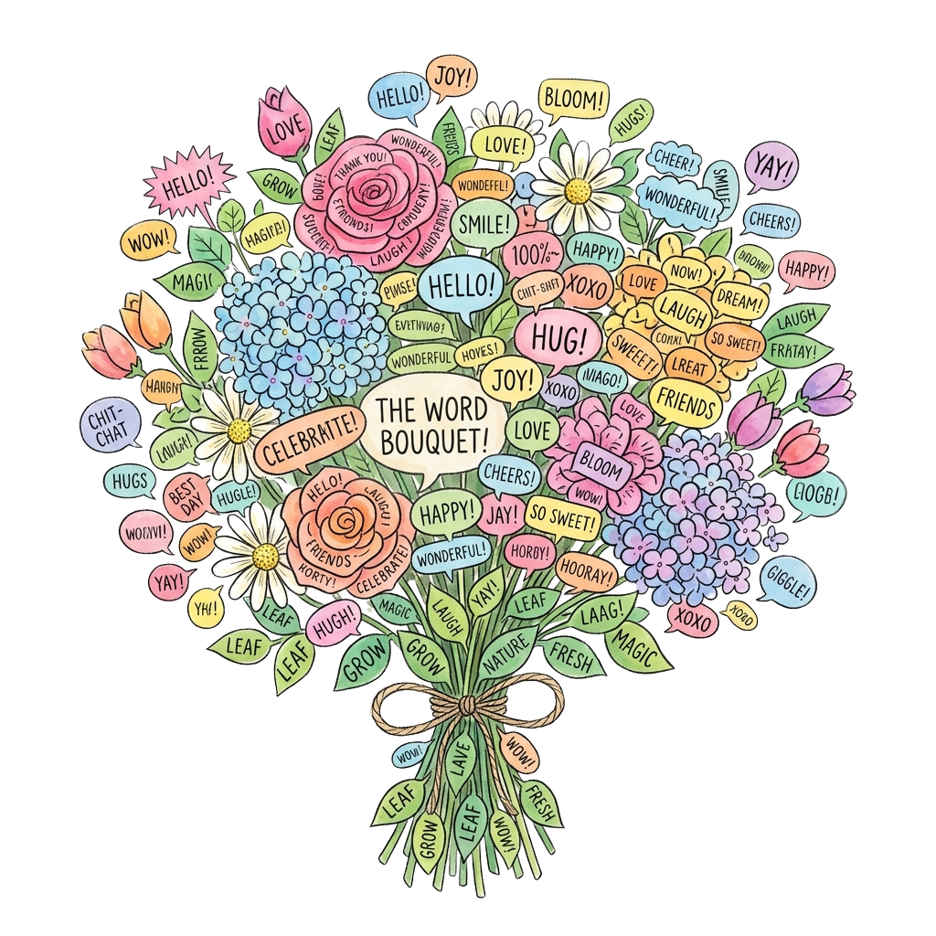 Colorful bouquet illustration with positive words like love, joy, and celebrate on flowers and leaves