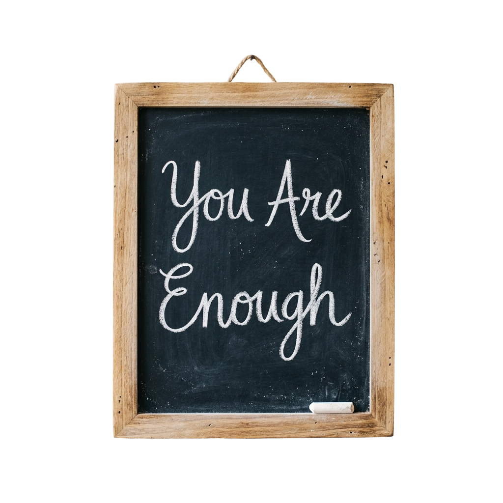 Chalkboard sign with wooden frame displaying the message You Are Enough in white chalk writing
