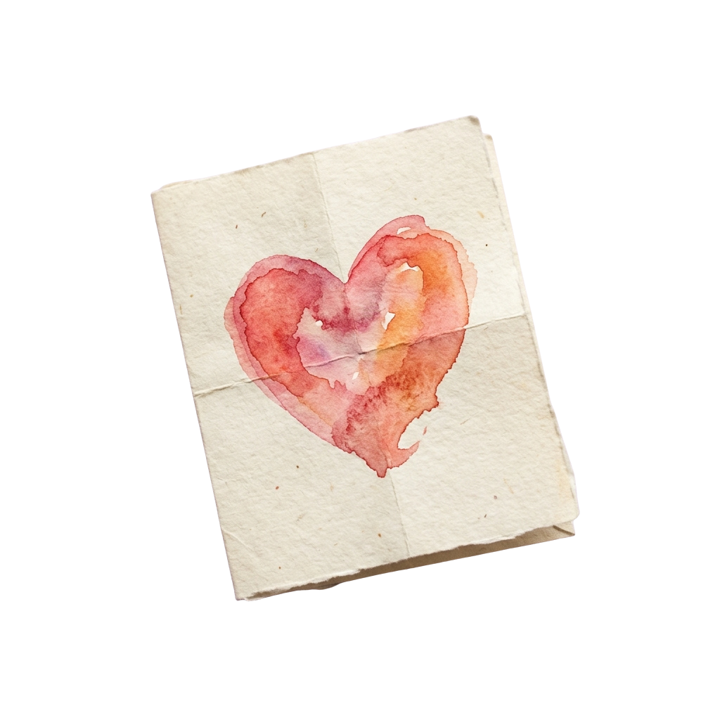 A crumpled piece of light beige paper with a watercolor heart in shades of pink and red