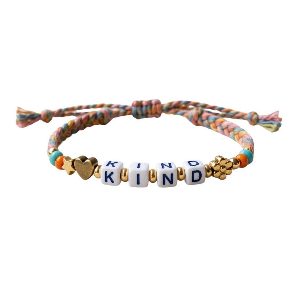 A braided bracelet with multicolored threads and white beads spelling K-I-N-D, accented with heart and flower charms