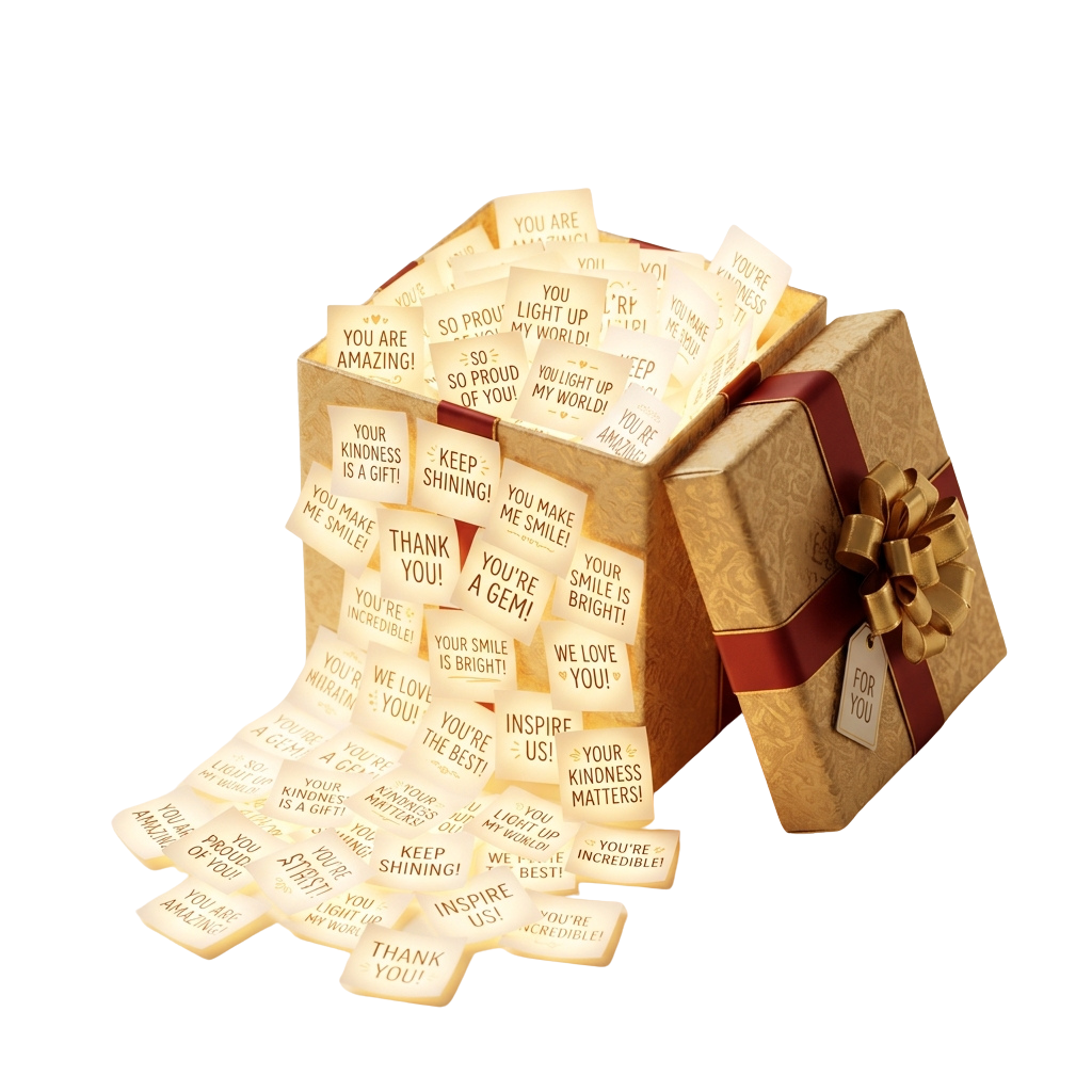 Gift box filled with small cards featuring uplifting messages like thank you and keep shining