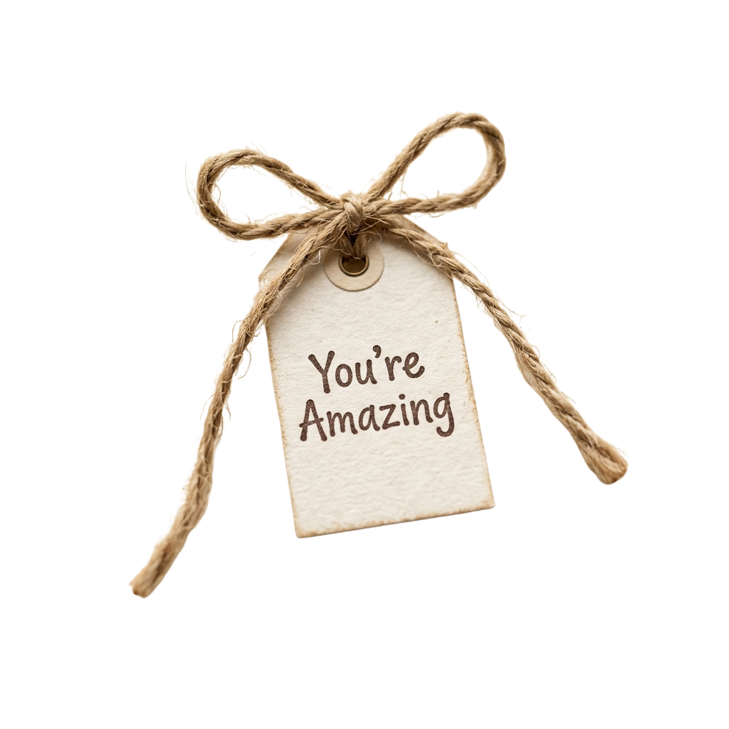 A light-colored tag tied with twine ribbon displaying the text You're Amazing