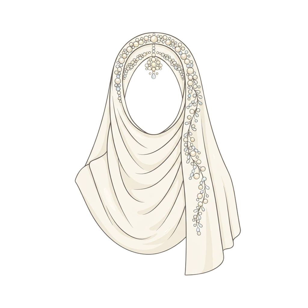 White hijab with intricate floral embroidery along the edges and a decorative brooch at the neckline