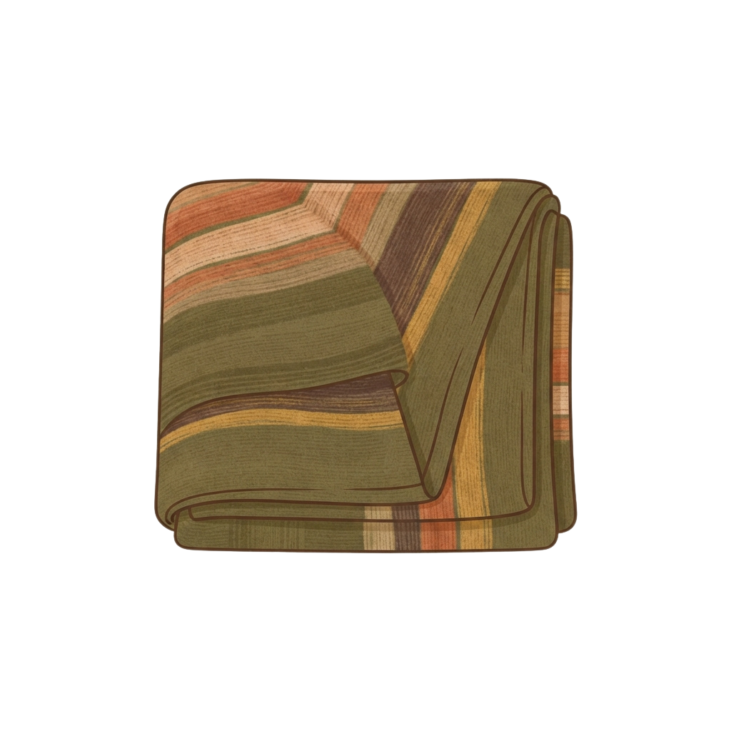 A folded striped woven throw blanket with olive, cream, and beige colors