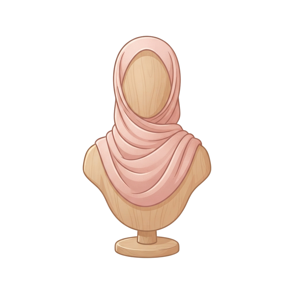 A wooden bust sculpture of a person wearing a light pink hijab headscarf