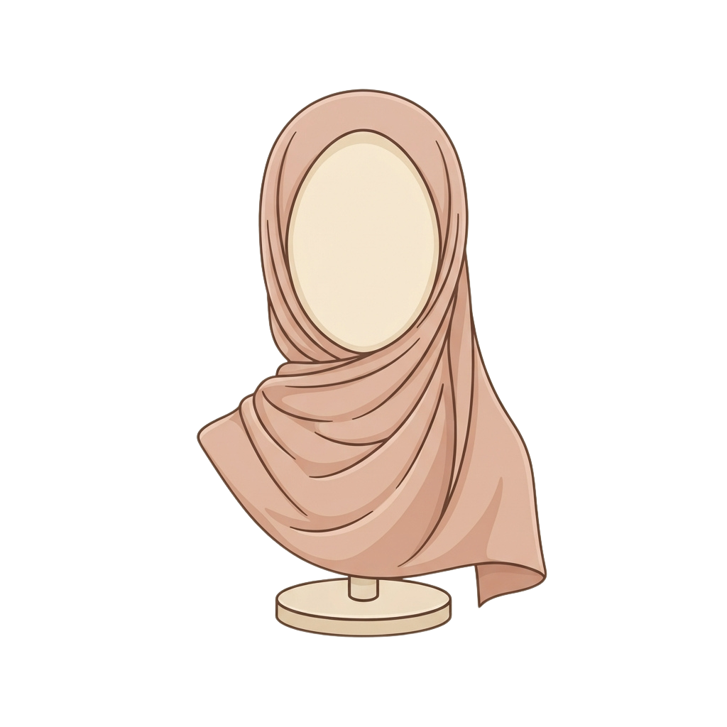 A light peach hijab draped over a mirror reflecting an empty oval space where a face would be