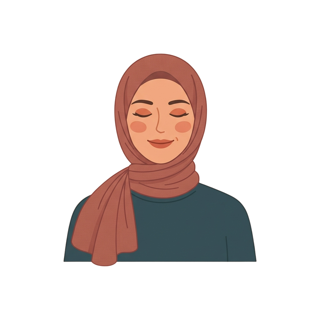 Illustration of a woman wearing a hijab and scarf with a calm, closed-eye smile