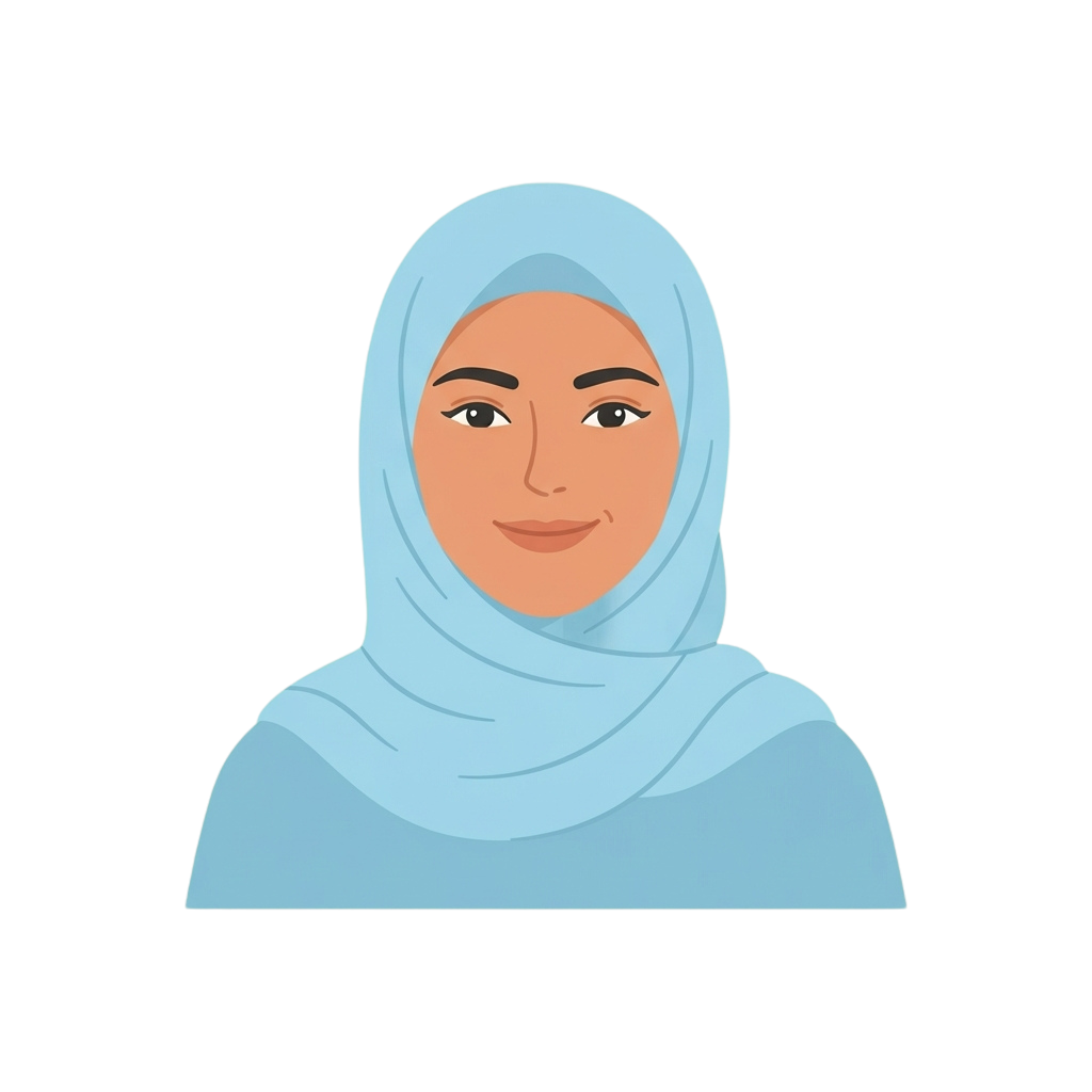 Portrait illustration of a smiling woman wearing a light blue hijab against a black background