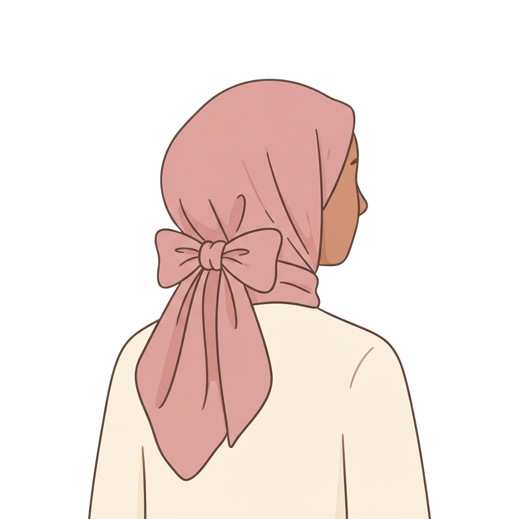 Illustration of a person from behind wearing a light pink hijab tied with a large bow knot