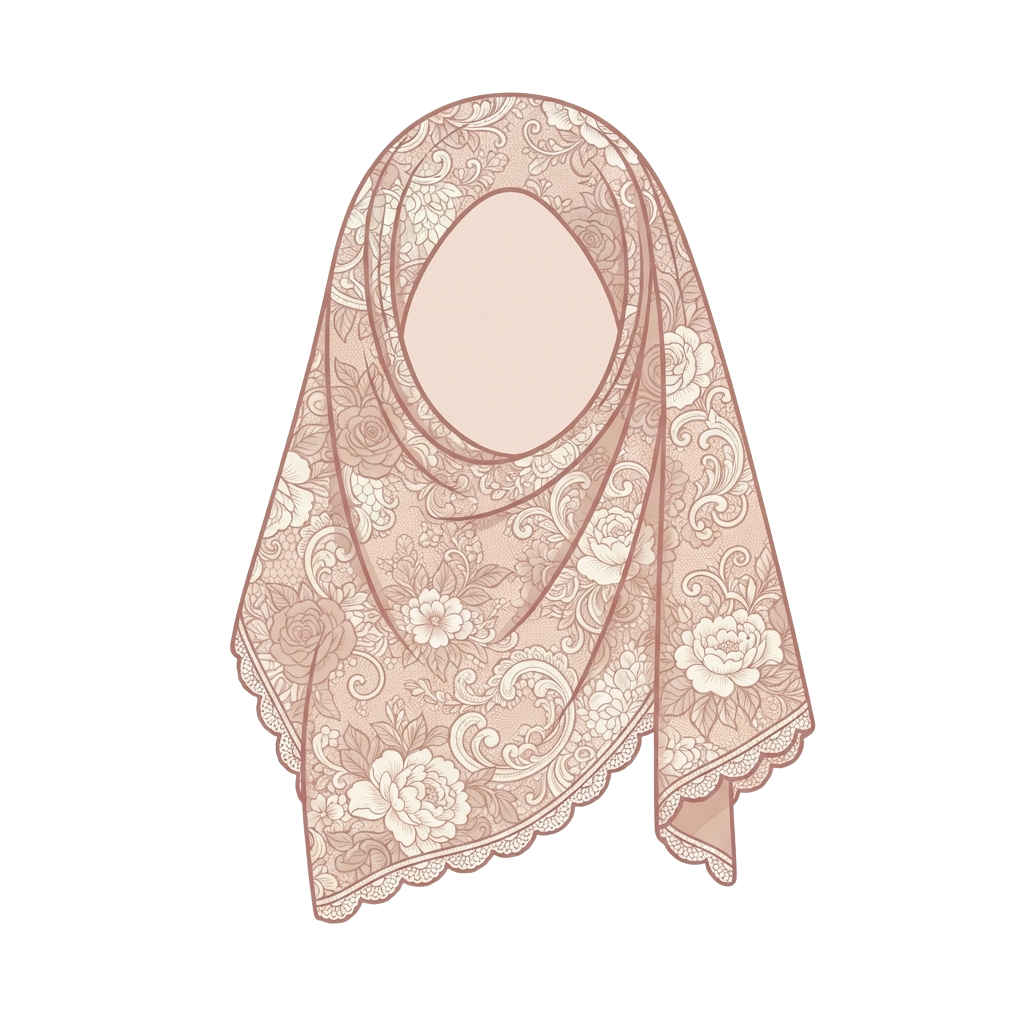 Light pink hijab with intricate lace and floral embroidery patterns
