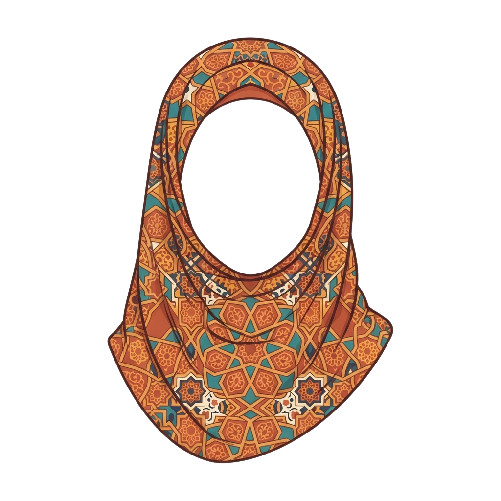 A vibrant hood or scarf featuring intricate geometric patterns in orange, teal, and white on a textured background